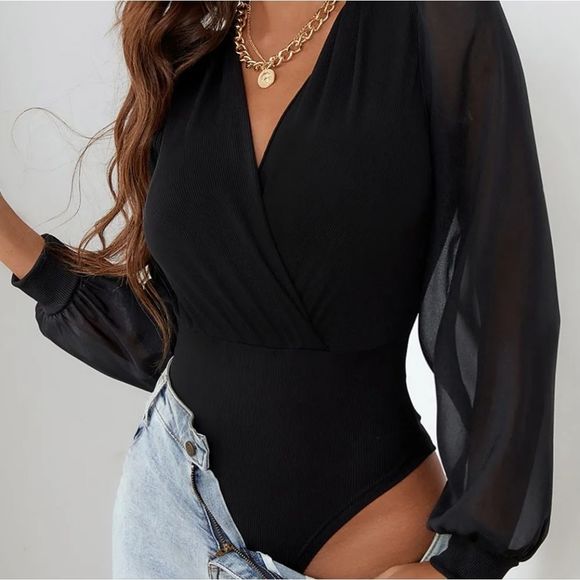 (Out Of Stock) Black Long Sleeve V-Neck Bodysuit - Picture 4 of 5